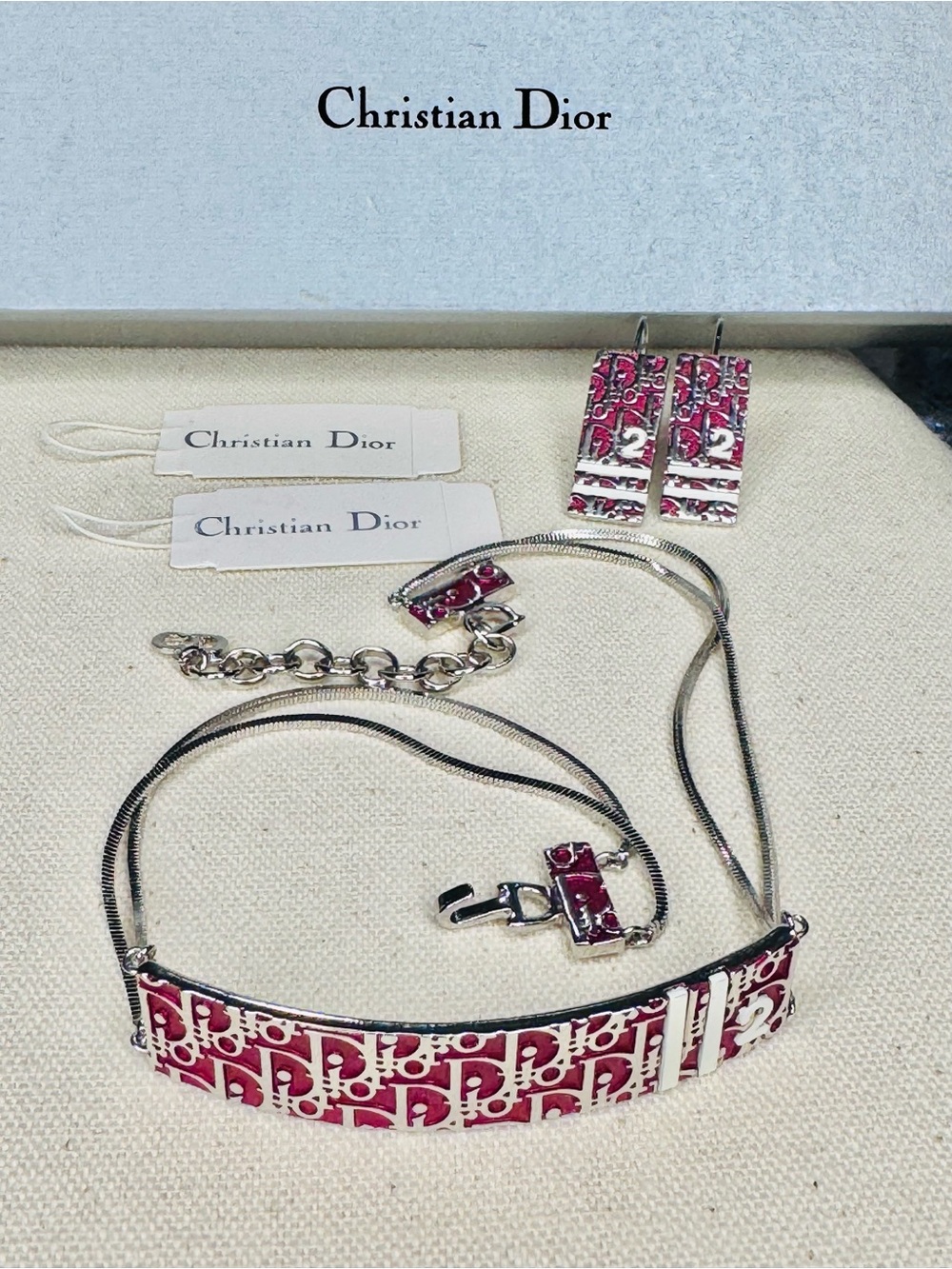 Dior Trotter double chain choker with Earrings Box, tags and COA Galliano era